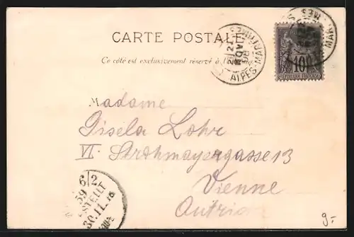 Lithographie Cannes, Panoramablick auf die Stadt, Flaneure