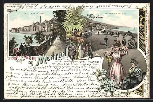 Lithographie Menton, la Ville et le Quai, Promenade du Midi