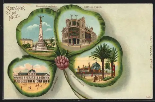 Passepartout-Lithographie Nice, Monument du centenaire, théâtre de l`opera, casino municipal, Kleeblatt