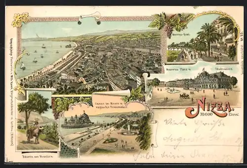 Lithographie Nizza, Bäuerin aus Beaulieu, Casino im Meere, Massena-Quai und Massena-Platz