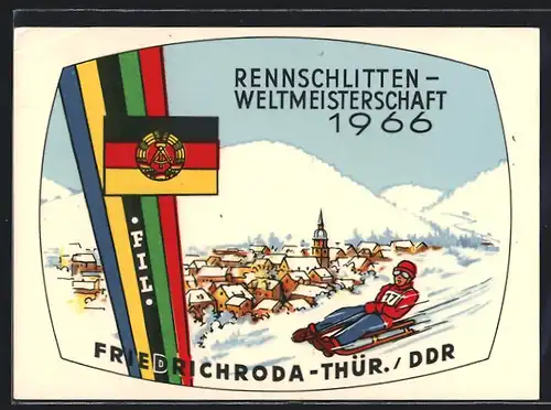 Künstler-AK Friedrichroda /Thür., Rennschlitten-Weltmeisterschaft 1966, Teilansicht mit Schlittenfahrer, Flagge der DDR