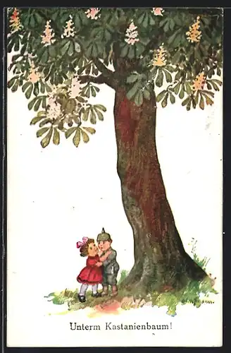 Künstler-AK Ad. Hoffmann: Kleiner Soldat mit Liebchen Unterm Kastanienbaum