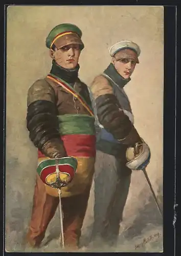 Künstler-AK Georg Mühlberg: Die Sekundanten, in Uniform, mit Degen