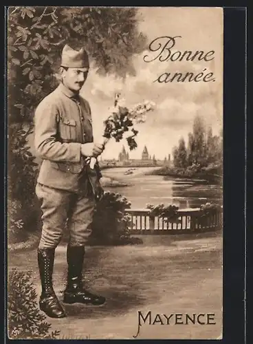 AK Mayence, Französischer Soldat mit Blumen, Neujahrsgruss