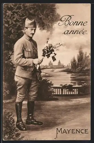 AK Mayence, Französischer Soldat mit Blumen, Neujahrsgruss