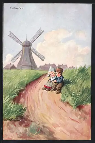 Künstler-AK Ad. Hoffmann: Holländisches Pärchen sitzt am Strassenrand, Im Hintergrund Windmühle