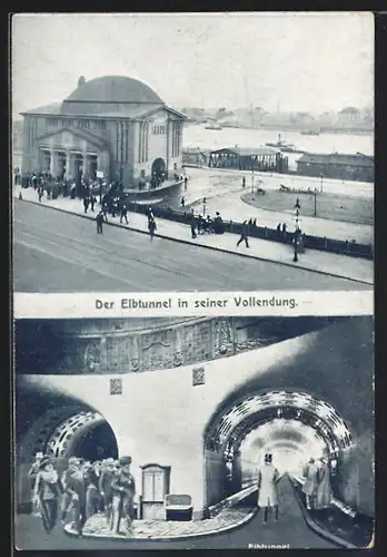 AK Hamburg-St. Pauli, Elbtunnel, Blick auf die Elbe, Passanten im Tunnel