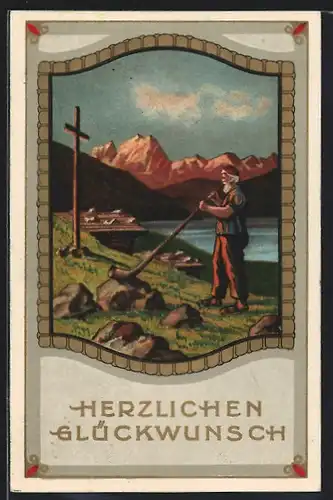 AK Schweizer Alphornbläser musiziert auf einer Alm