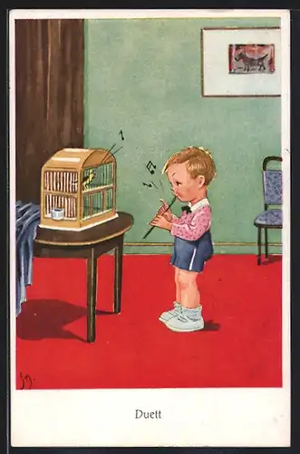 AK Singvogel im Käfig und Junge mit Flöte