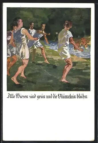 Künstler-AK Otto Amtsberg: Männer beim Spielen auf einer Wiese