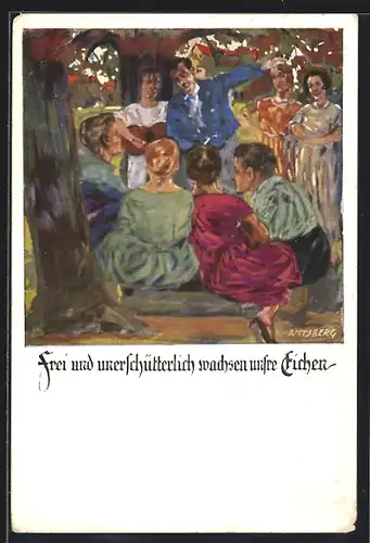 Künstler-AK Otto Amtsberg: Frei und unerschütterlich wachsen unsere Ecihen, junge Leute im Walde