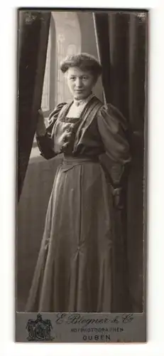 Fotografie E. Biegmer & Co., Guben, Portrait modisch gekleidete Dame am Fenster stehend