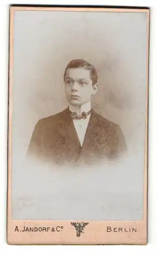 Fotografie A. Jandorf & Co., Berlin, Portrait junger Mann im Anzug mit Fliege
