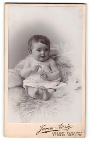 Fotografie James Aurig, Dresden-Blasewitz, Portrait niedliches Kleinkind im weissen Hemd auf Fell sitzend