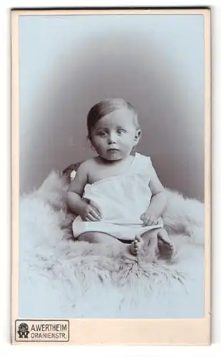Fotografie A. Wertheim, Berlin, Portrait niedliches Kleinkind im weissen Hemd auf Fell sitzend