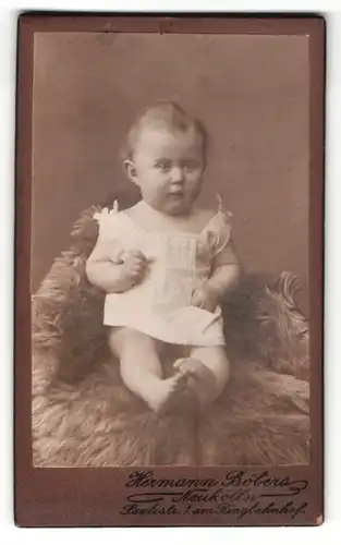 Fotografie H. Böbers, Berlin-Neukölln, Portrait niedliches Kleinkind im weissen Hemd auf Fell sitzend