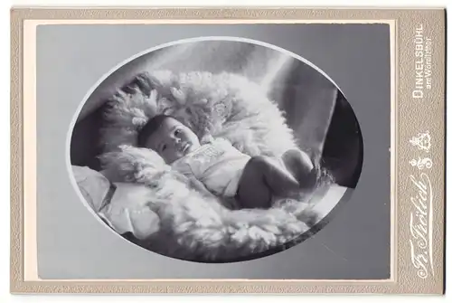 Fotografie Fr. Frölich, Dinkelsbühl, Kleinkind in weissem Kleid liegt auf einer Felldecke