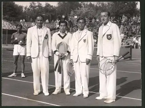 Fotografie Tennisspiel Deutschland gegen Japan 1938, Tennisspieler Beuthner, Nakano, Abe & Göpfert