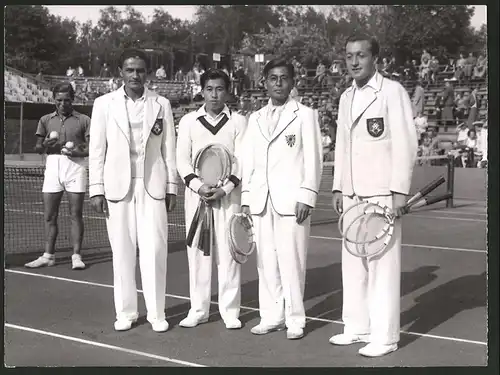 Fotografie Tennisspiel Deutschland vs Japan 1938, Tennisspieler Beuthner, Nakano, Abe und Göpfert