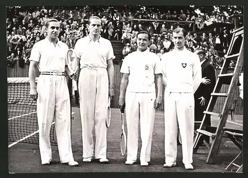 Fotografie Tennis Davispokal, Deutschland vs Schweiz, Tennisspieler Henkel, Metaxa, Fisher & Maneff, 1939