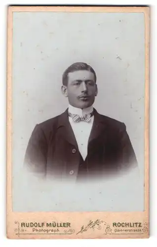 Fotografie Rudolf Müller, Rochlitz, Portrait charmanter junger Mann in Fliege und Jackett
