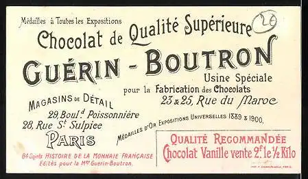 Sammelbild Chocolat Guérin-Boutron, Histoire de la Monnaie Francaise, Monnaie de Bronze de Louis XVI