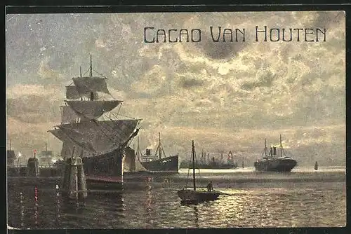 Sammelbild Cacao van Houten, Dampfer und Segelschiff im abendlichen Hafen
