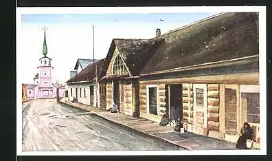 Sammelbild Stollwerck, Reise um die Welt, 1. Teil Nr. 116: Altrussische Siedlung auf dem amerikanischem Boden in Sitka