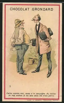 Sammelbild Chocolat Grondard, Mann und Bauer im Gespräch