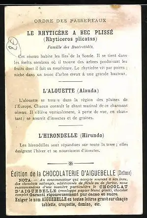 Sammelbild Chocolaterie d'Aiguebelle, Ondre des Passereaux, l'Alouette, l'Hirondelle