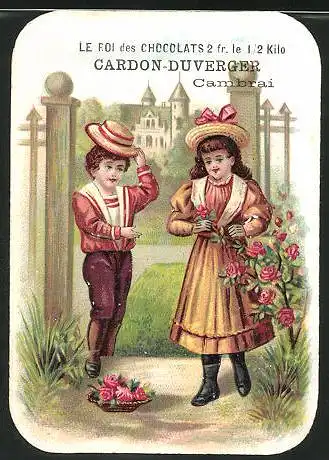 Sammelbild Chocolat Cardon-Duverger, niedliches Kinderpaar am Gartentor