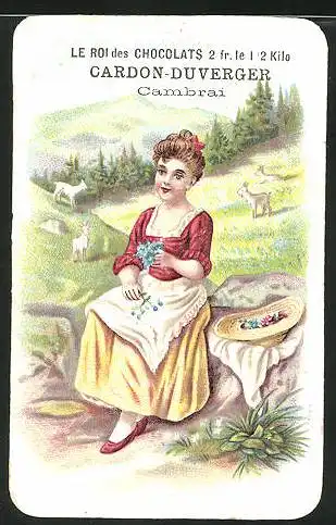 Sammelbild Chocolats Cardon-Duverger, schönes Fräulein mit Blumen auf einem Stein sitzend