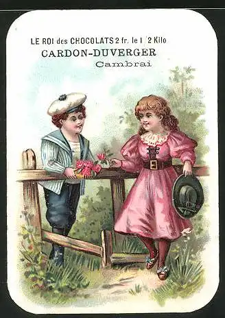 Sammelbild A. Cardon-Duvenger, le Roi des Chocolats, niedliches Kinderpaar an einem Holzzaun
