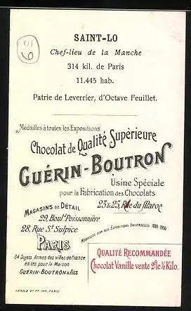 Sammelbild Paris, Chocolat Guérin-Boutron, Armes des Villes de France Saint-Lo