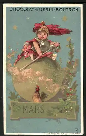 Sammelbild Paris, Chocolat Guérin-Boutron, Mars, Junge in Rüstung auf goldener Kugel