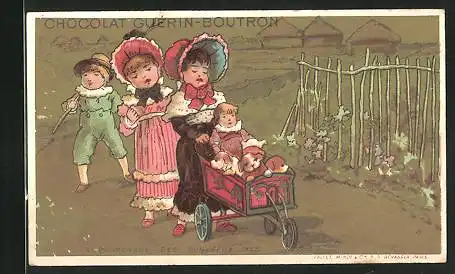 Sammelbild Chocolat Guérin-Boutron, Kinder in hübschen Kleidern mit Puppenwagen