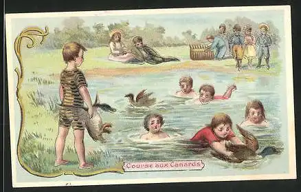 Sammelbild Chocolat Guérin-Boutron, Course aux Canards, Kinder baden mit Enten im See