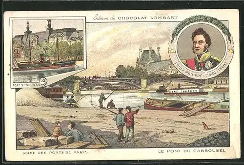 Sammelbild Chocolat Tombart, Louis-Philippe Portrait, le Pont du Carrousel, Port St. Nicolas