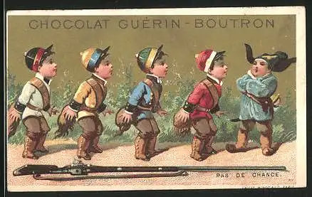 Sammelbild Chocolat Guérin-Boutron, Pas de Chance, Soldaten stehen in Reih' und Glied
