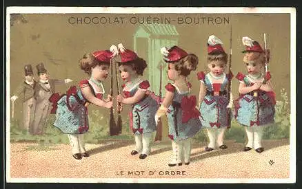 Sammelbild Chocolat Guérin-Boutron, le Mot d'Ordre, Soldatenmädchen mit Gewehren