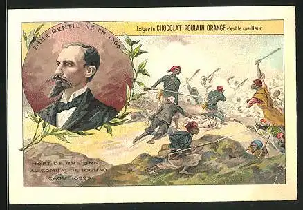 Sammelbild Goutez et Comparez, le Cacao Poulain, Mort de Bretonnet au Combat de Togbao 1899, Portrait Emile Gentil