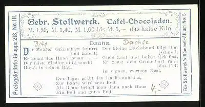 Sammelbild Stollwerck Schokolade, Meister Grimmbart Dachs