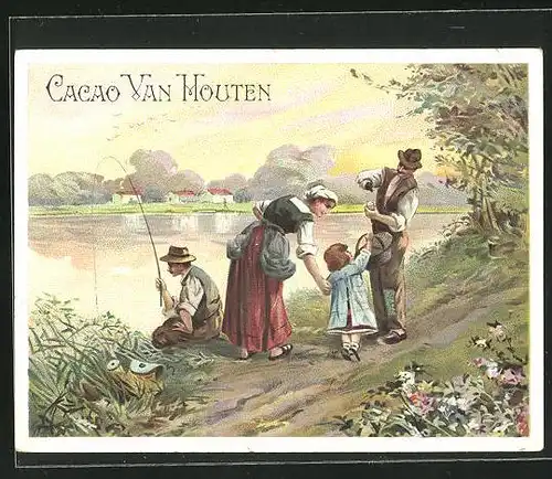 Sammelbild Van Houten Cacao, Familie angelt an einem Seeufer