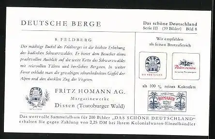 Sammelbild Dissen, Fritz Homann AG, Deutsche Berge, 8. Feldberg