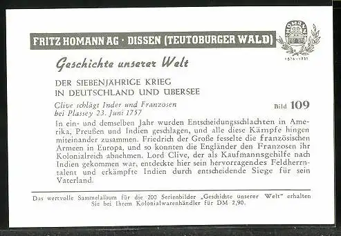 Sammelbild Fritz Homann AG, Geschichte unserer Welt, der siebenjährige Krieg, Clive schlägt Inder und Franzosen 1757