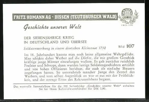 Sammelbild Fritz Homann AG, Geschichte unserer Welt, der siebenjährige Krieg, Soldatenwerbung im deutschen Kleinstaat