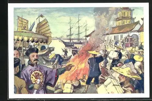 Sammelbild Fritz Homann AG, Geschichte unserer Welt, Chinesen verbrennen englisches Handelsgut 1840