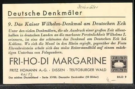 Sammelbild Fritz Homann AG, Deutsche Denkmäler, Kaiser Wilhelm-Denkmal am Deutschen Eck