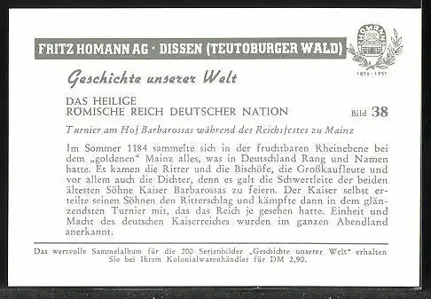 Sammelbild Fritz Homann AG, das heilige Römische Reich, Turnier am Hof Barbarossas während des Reichsfestes zu Mainz