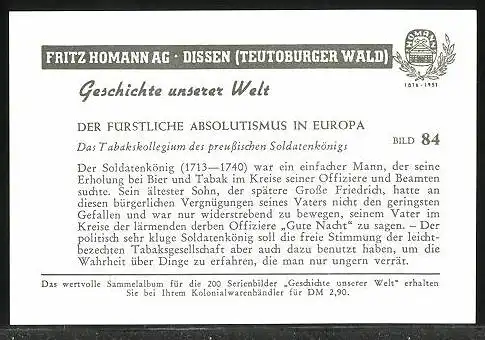 Sammelbild Fritz Homann AG, der fürstl. Absolutismus in Europa, das Tabakskollegium des preussischen Soldatenkönigs